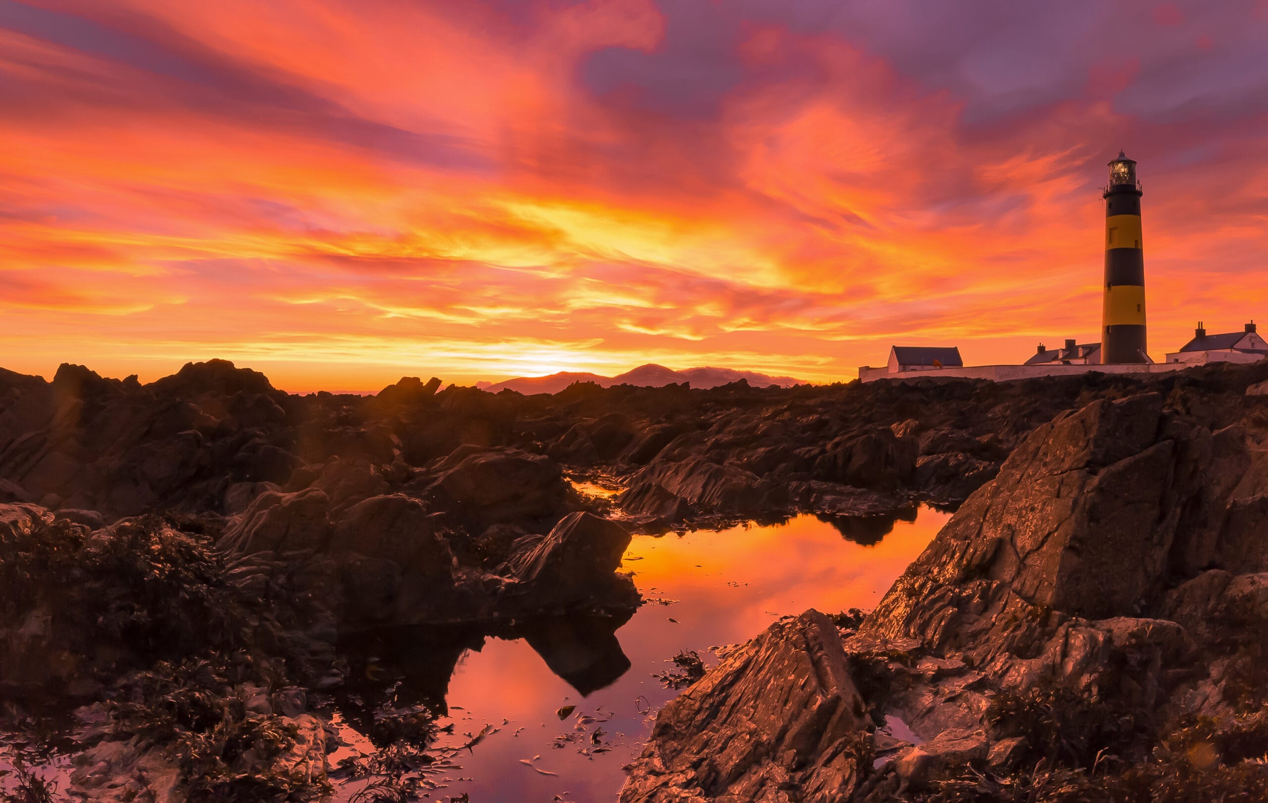 St John’s Point Lighthouse reflected in coastal rock pools beneath a red and purple winter sunset in County Down